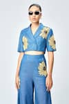 Buy_Shahin Mannan_Blue Denim Embroidery Collared Daisy Cropped Jacket Top With Pant 