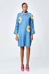 Buy_Shahin Mannan_Blue Denim Embroidery, Beads Shawl Neck Daisy Shirt Dress _at_Aza_Fashions
