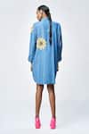 Shop_Shahin Mannan_Blue Denim Embroidery, Beads Shawl Neck Daisy Shirt Dress _at_Aza_Fashions
