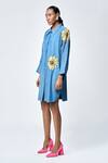Shahin Mannan_Blue Denim Embroidery, Beads Shawl Neck Daisy Shirt Dress _Online_at_Aza_Fashions