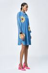 Buy_Shahin Mannan_Blue Denim Embroidery, Beads Shawl Neck Daisy Shirt Dress _Online_at_Aza_Fashions