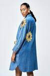 Shop_Shahin Mannan_Blue Denim Embroidery, Beads Shawl Neck Daisy Shirt Dress _Online_at_Aza_Fashions