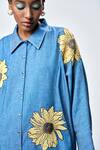 Shahin Mannan_Blue Denim Embroidery, Beads Shawl Neck Daisy Shirt Dress _at_Aza_Fashions