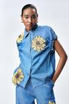 Shahin Mannan_Blue Denim Beads, Embroidery Daisy Shirt With Pant _at_Aza_Fashions