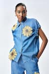 Buy_Shahin Mannan_Blue Denim Embroidered Thread Shirt Collar Daisy _at_Aza_Fashions