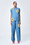 Shahin Mannan_Blue Denim Embroidered Thread Shirt Collar Daisy _Online_at_Aza_Fashions