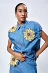 Shahin Mannan_Blue Denim Embroidered Thread Shirt Collar Daisy _at_Aza_Fashions