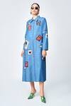 Buy_Shahin Mannan_Blue Denim Embroidery Shawl Neck Stamp Patch Tiered Shirt Dress _at_Aza_Fashions