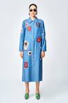 Shahin Mannan_Blue Denim Embroidery Shawl Neck Stamp Patch Tiered Shirt Dress _Online_at_Aza_Fashions