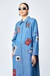 Shahin Mannan_Blue Denim Embroidery Shawl Neck Stamp Patch Tiered Shirt Dress _at_Aza_Fashions