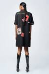 Shop_Shahin Mannan_Black Crepe Embroidery Shawl Neck Stamp Patch Shift Dress _at_Aza_Fashions