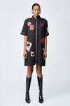 Shahin Mannan_Black Crepe Embroidery Shawl Neck Stamp Patch Shift Dress _Online_at_Aza_Fashions