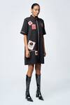 Shop_Shahin Mannan_Black Crepe Embroidery Shawl Neck Stamp Patch Shift Dress _Online_at_Aza_Fashions