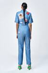 Shop_Shahin Mannan_Blue Denim Collared Stamp Patch Jumpsuit _at_Aza_Fashions