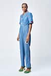 Shahin Mannan_Blue Denim Collared Stamp Patch Jumpsuit _Online_at_Aza_Fashions