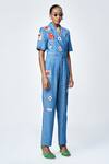 Buy_Shahin Mannan_Blue Denim Collared Stamp Patch Jumpsuit _Online_at_Aza_Fashions