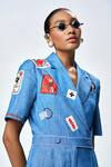 Shop_Shahin Mannan_Blue Denim Collared Stamp Patch Jumpsuit _Online_at_Aza_Fashions