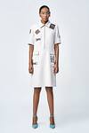 Buy_Shahin Mannan_White Crepe Patchwork Shawl Neck Stamp Panelled Shift Dress _at_Aza_Fashions
