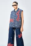 Shahin Mannan_Blue Denim Embroidered Thread Shirt Collar Love Checkered Vest With Pant _at_Aza_Fashions