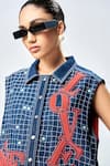 Buy_Shahin Mannan_Blue Denim Embroidered Thread Shirt Collar Love Checkered Vest With Pant 