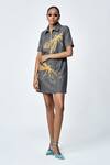 Buy_Shahin Mannan_Grey Denim Embroidery Collared Thin Dress _at_Aza_Fashions