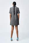 Shop_Shahin Mannan_Grey Denim Embroidery Collared Thin Dress _at_Aza_Fashions