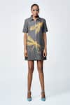 Shahin Mannan_Grey Denim Embroidery Collared Thin Dress _Online_at_Aza_Fashions