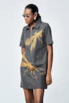 Shahin Mannan_Grey Denim Embroidery Collared Thin Dress _at_Aza_Fashions