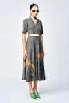Shahin Mannan_Grey Thin Denim Embroidered Dragonfly Circular Skirt _at_Aza_Fashions