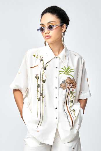Buy_Shahin Mannan_Ivory Cotton, Silk Embroidery Collared Summer Plant Shirt _at_Aza_Fashions