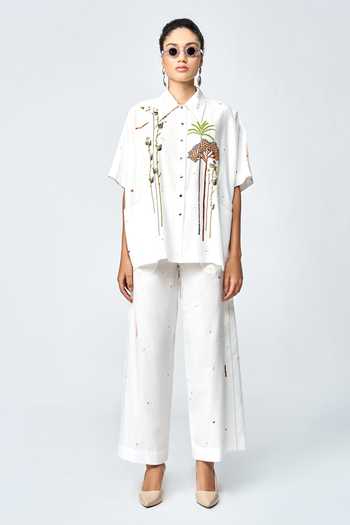 Shahin Mannan_Ivory Cotton, Silk Embroidery Collared Summer Plant Shirt _Online_at_Aza_Fashions