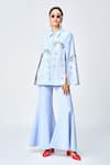 Buy_Shahin Mannan_Blue Double Crepe Embroidered Tropical Forest Collared Cape And Pant Set _at_Aza_Fashions