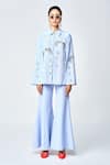 Shahin Mannan_Blue Double Crepe Embroidered Tropical Forest Collared Cape And Pant Set _Online_at_Aza_Fashions