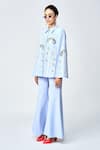 Shop_Shahin Mannan_Blue Double Crepe Embroidered Tropical Forest Collared Cape And Pant Set _Online_at_Aza_Fashions