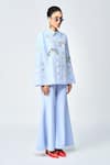 Shahin Mannan_Blue Double Crepe Embroidered Tropical Forest Collared Cape And Pant Set _at_Aza_Fashions