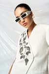 Shahin Mannan_Ivory Satin, Crepe Embroidery Overlap Hazel Leaf Blazer _at_Aza_Fashions
