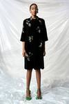 Buy_Shahin Mannan_Black Japanese Crepe Hand Embroidery Hazel Leaves Collared Neck Dress _at_Aza_Fashions