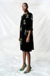 Shahin Mannan_Black Japanese Crepe Hand Embroidery Hazel Leaves Collared Neck Dress _Online_at_Aza_Fashions