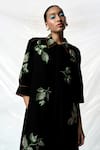Shop_Shahin Mannan_Black Japanese Crepe Hand Embroidery Hazel Leaves Collared Neck Dress _Online_at_Aza_Fashions