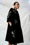 Shahin Mannan_Black Japanese Crepe Hand Embroidery Hazel Leaves Collared Neck Dress _at_Aza_Fashions