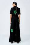 Shop_Shahin Mannan_Black Crepe Embroidery, Buckles Collared Telephone Dial Jumpsuit With Belt _at_Aza_Fashions