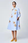 Buy_Shahin Mannan_Blue Double Crepe Embroidery Magnolia Collared Neck Midi Dress _at_Aza_Fashions
