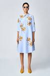Shahin Mannan_Blue Double Crepe Embroidery Magnolia Collared Neck Midi Dress _Online_at_Aza_Fashions