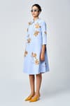Buy_Shahin Mannan_Blue Double Crepe Embroidery Magnolia Collared Neck Midi Dress _Online_at_Aza_Fashions