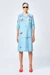 Shahin Mannan_Blue Denim Embroidery Collared Butterfly Scribble Empire Dress _Online_at_Aza_Fashions