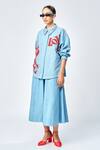 Buy_Shahin Mannan_Blue Denim Embroidery Collared Love Checkered Jacket And Skirt Set _at_Aza_Fashions