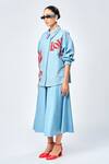 Shop_Shahin Mannan_Blue Denim Embroidery Collared Love Checkered Jacket And Skirt Set _Online_at_Aza_Fashions
