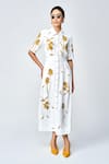 Buy_Shahin Mannan_Ivory Japanese Crepe Embroidered Bead Collared Dainty Leaves Side Pleated Dress _at_Aza_Fashions