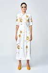 Shahin Mannan_Ivory Japanese Crepe Embroidered Bead Collared Dainty Leaves Side Pleated Dress _Online_at_Aza_Fashions