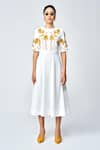 Buy_Shahin Mannan_Ivory Japanese Crepe Embroidered Bead Round Dainty Leaves A-line Applique Dress _at_Aza_Fashions